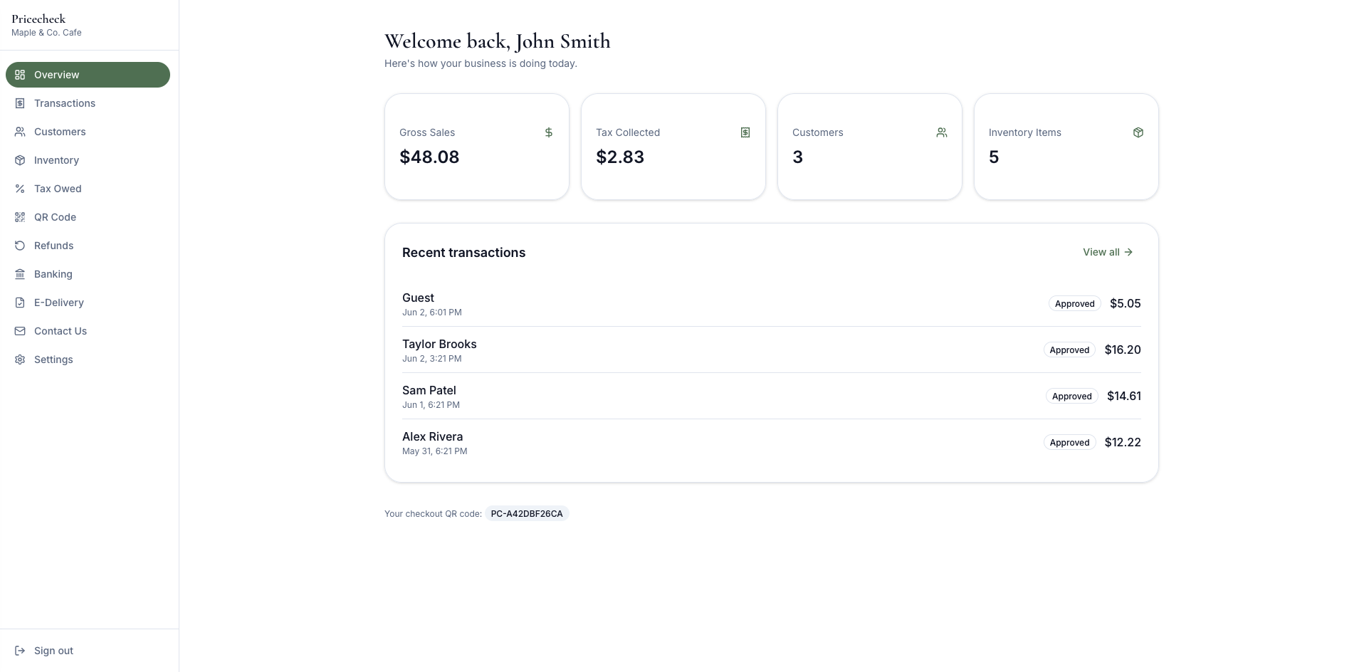 Pricecheck merchant dashboard showing sales, tax collected, customers, inventory, and recent transactions